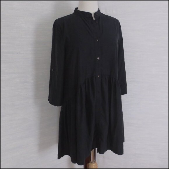 Zara Black Lyocell Blend Gathered Mini Summer 3/4 Sleeve Shirt Dress Sundress - Picture 5 of 5